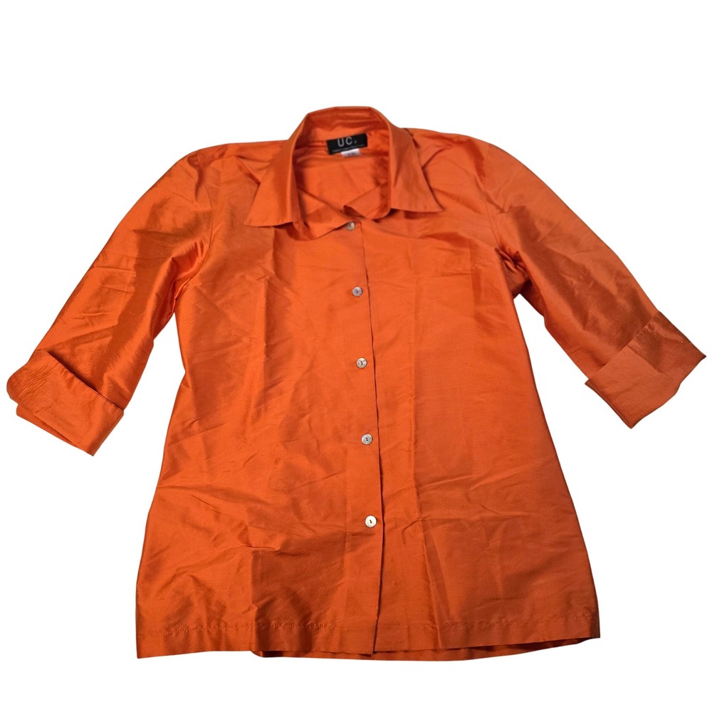 UC2 Under Construction Orange Silk 3/4 Sleeve Button Up Shirt Women's Size‎ S